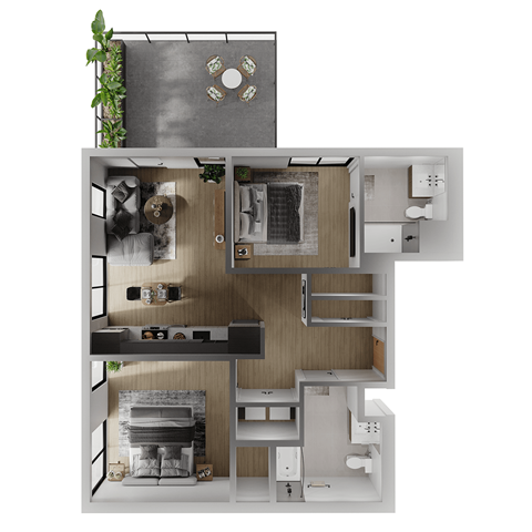 Floor plan for 2 beds, 2 baths, 979 sqft